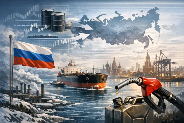 AI-generated editorial illustration representing Russia's fuel crisis, showing a map of Russia with refinery icons crossed out by drone silhouettes and a gasoline tanker ship arriv