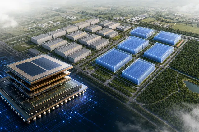 Conceptual illustration of a semiconductor fabrication and advanced-packaging campus in Taiwan