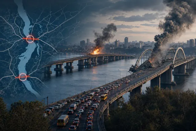 Illustration of Kyiv’s Dnipro River crossings amid bridge strikes and transport disruption