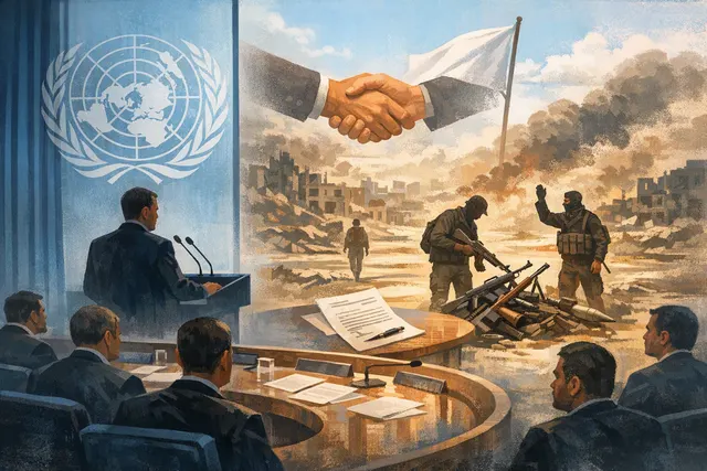 AI-generated editorial illustration about the Gaza disarmament roadmap and UN Security Council briefing
