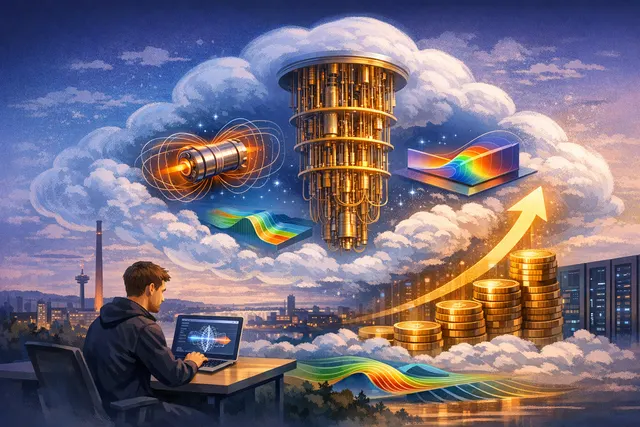 Abstract digital rendering of cloud and quantum computing nodes accelerating multiphysics engineering simulation on the Quanscient Allsolve platform