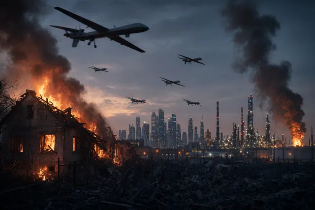 Illustration of a large-scale drone attack over Moscow during the May 2026 Ukraine strike