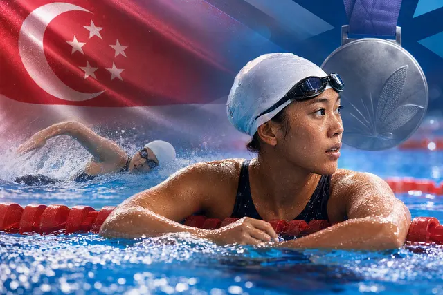 AI-generated editorial illustration representing freestyle swimming at the Asian Games