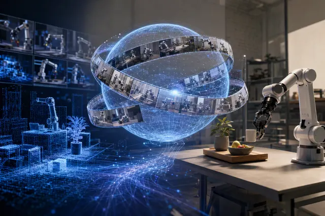 AI-generated editorial illustration representing a dual-arm robot learning to manipulate objects.