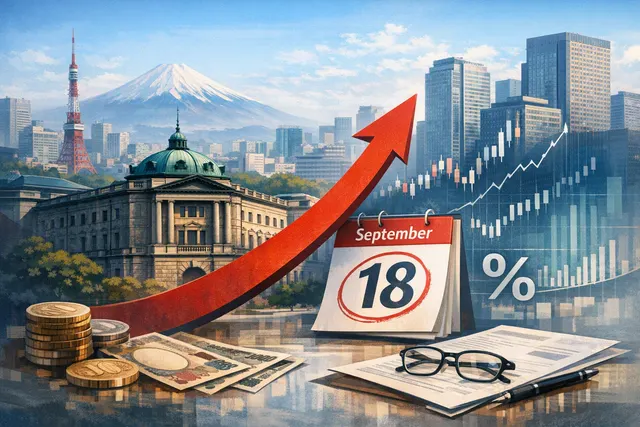 Illustration of the Bank of Japan and Japanese yen facing a potential September interest-rate hike