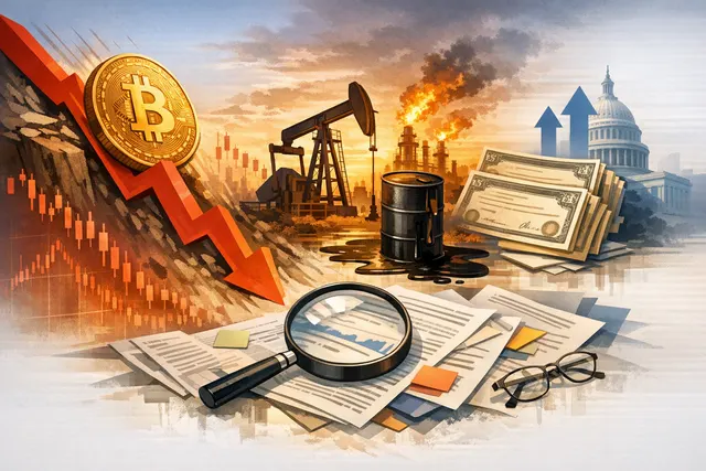 Bitcoin price chart showing a dip below $66,000 with oil price and yield indicators in the background