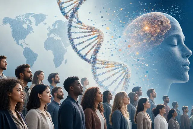 Editorial illustration representing the relationship between DNA and personality research