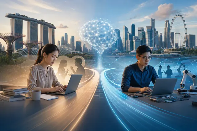 Illustrative graphic for the Singapore Computer Society’s AI Skills Pathway and its business and technical learning tracks