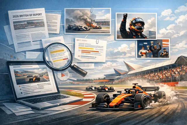 AI-generated image of Charles Leclerc crossing the finish line at Silverstone under the safety car, with the 2026 British Grand Prix podium celebration in the background.