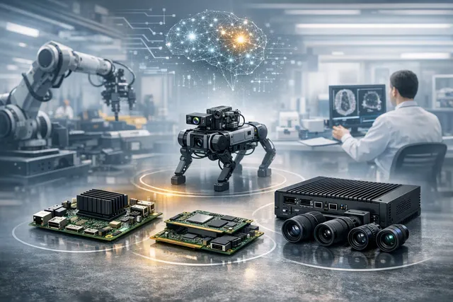 Illustration of Qualcomm Dragonwing edge AI hardware powering industrial robots, cameras and embedded systems