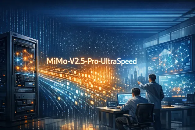 Conceptual visualization of Xiaomi MiMo-V2.5-Pro-UltraSpeed achieving over 1,000 tokens per second on a trillion-parameter model using standard GPUs.