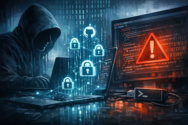 Vulnerability disclosure concept showing a broken security lock and the github.dev development environment interface