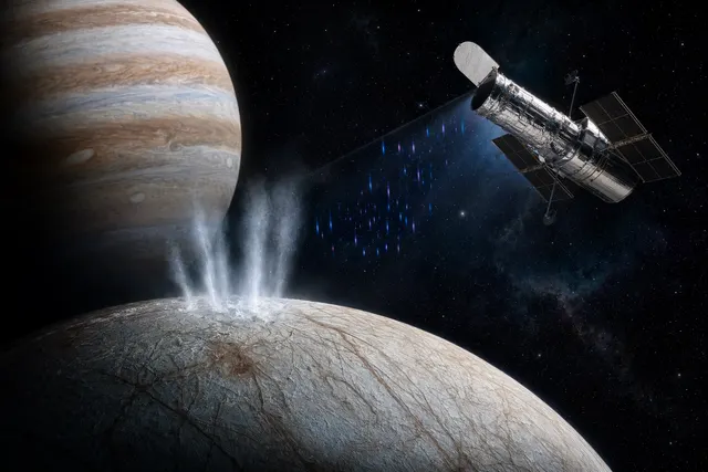 Illustration of water vapor plumes erupting from Jupiter’s icy moon Europa into space