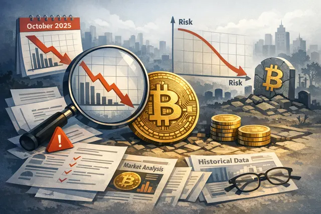 A dramatic, abstract visualization of Bitcoin's price chart with a deep red downward trend line and a highlighted Sharpe ratio indicator marking extreme negative territory, set aga