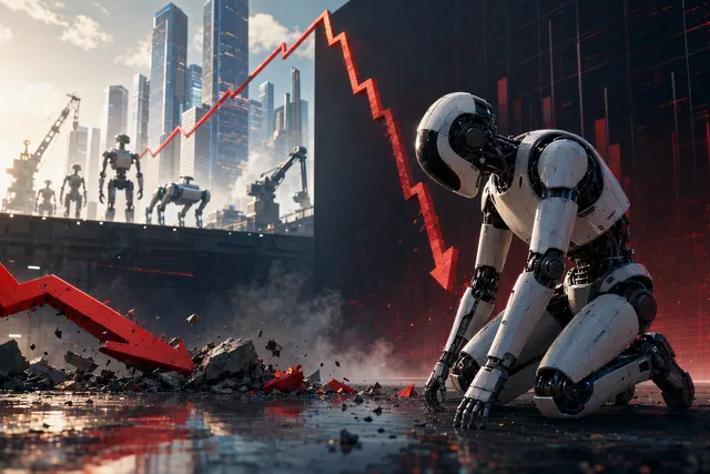 Editorial illustration of Unitree Robotics’ IPO surge and subsequent decline amid China’s humanoid robot boom
