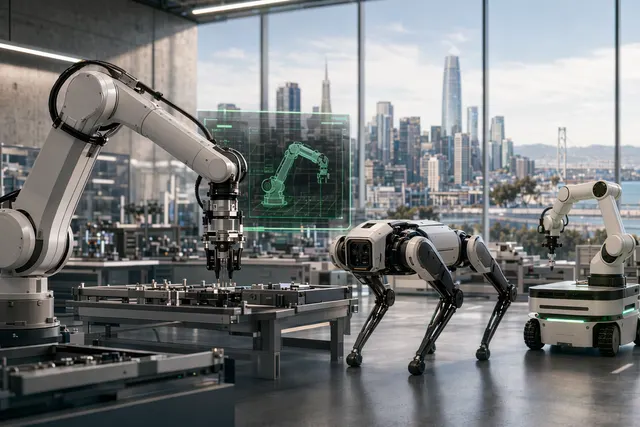 Concept illustration of AI-powered robotics development combining Nvidia physical AI with Kawasaki robots