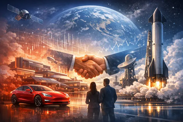 Editorial illustration of a Tesla and SpaceX merger concept, with a rocket and EV silhouetted against a futuristic financial backdrop.