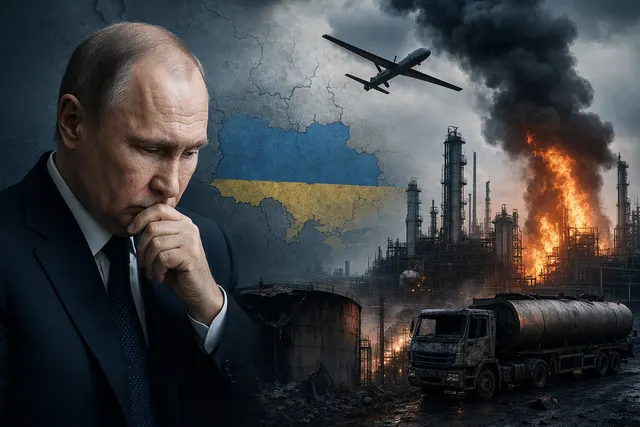 Editorial illustration of Russian oil refinery infrastructure and drone warfare