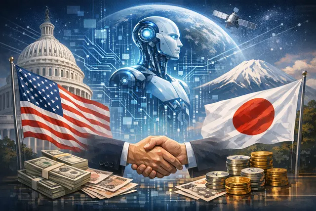 Flags of Japan and the United States combined with a digital AI chip and circuit board design on a dark background.