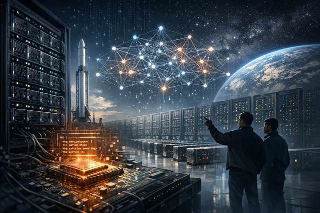 Illustration of a massive data center with a rocket taking off, symbolizing SpaceX's custom AI training stack for Nvidia GPUs.