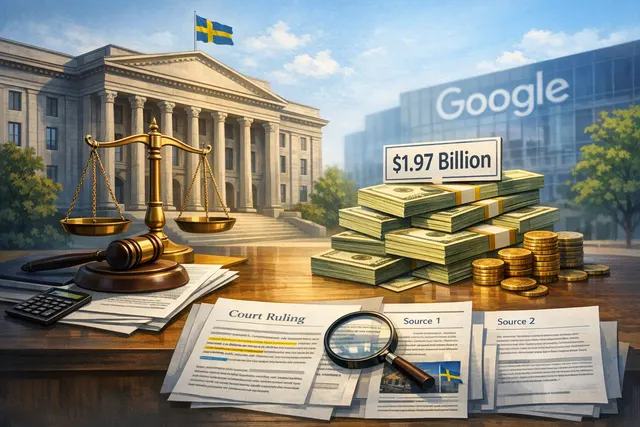 Swedish court building with a gavel and document representing the Google PriceRunner antitrust damages ruling of $1.97 billion on July 1, 2026