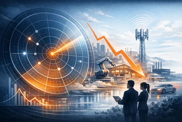 Editorial illustration of a private 5G network connecting industrial facilities, autonomous vehicles, and infrastructure