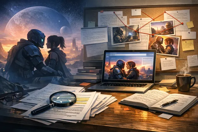 An artistic rendering of a Destiny character in a romantic visual novel style, with in-game UI elements framing a dating option, set against a colorful cosmic background.
