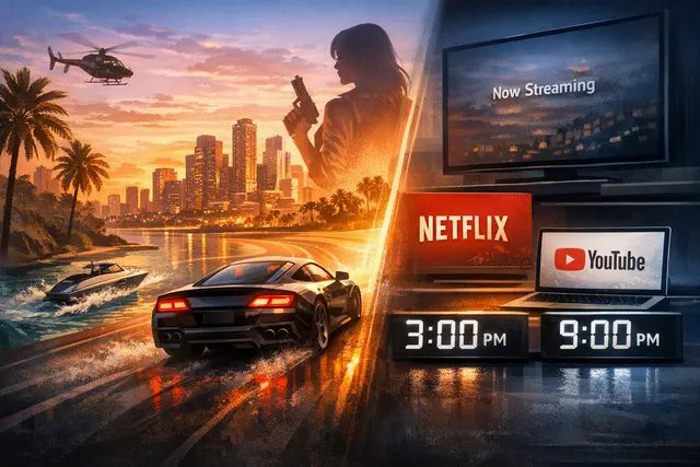 Stylized editorial artwork of Grand Theft Auto VI’s Netflix-first Extended Look premiere