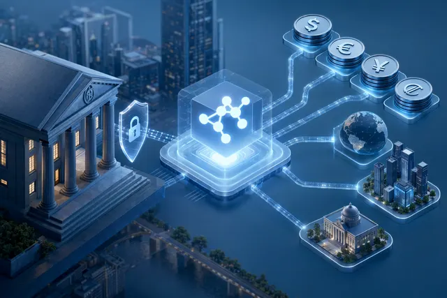 Concept illustration of stablecoin infrastructure connecting banks and financial institutions through a single API