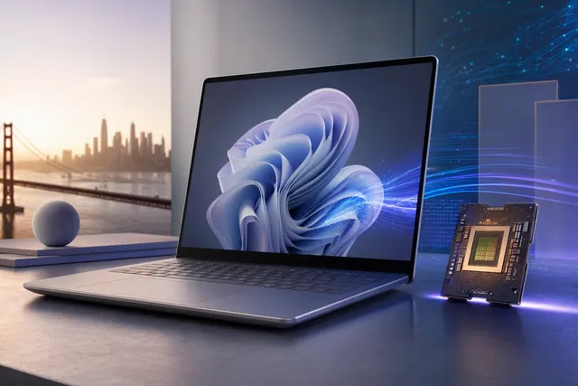 AI-generated editorial illustration for an article about Microsoft’s Surface Laptop Ultra and Nvidia RTX Spark; not a product photograph.