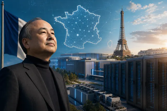 Editorial illustration of AI data-center infrastructure in France linked to SoftBank investment talks