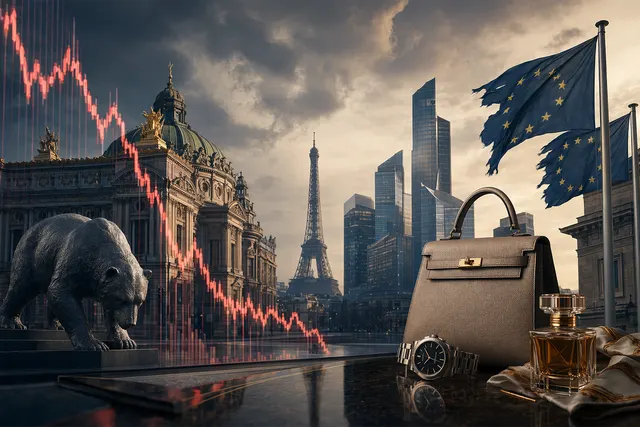 Editorial illustration of European luxury stocks falling amid market volatility