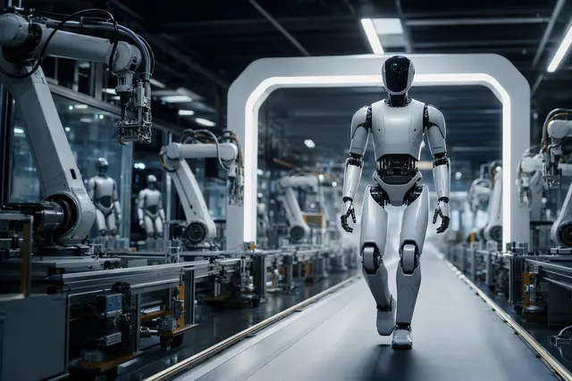 Editorial illustration of XPeng’s IRON humanoid robot on an automated production line