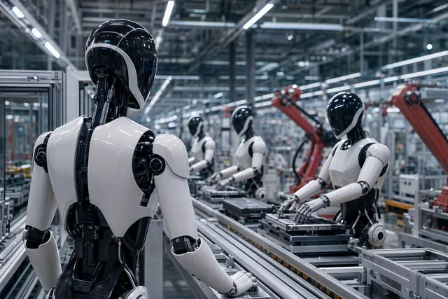 AI-generated illustration of a humanoid robot on a factory production line