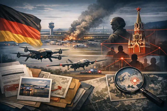 Editorial illustration of an explosive drone threat near Leipzig/Halle Airport and Ukrainian cargo aircraft