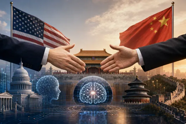 Editorial illustration representing U.S.–China artificial intelligence rivalry and diplomacy during the Trump–Xi Beijing summit