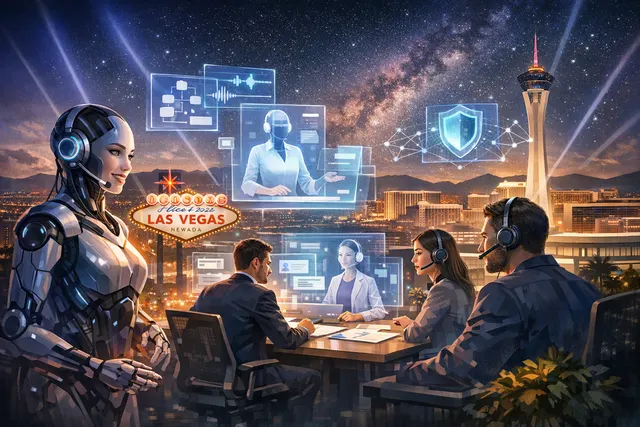 Cisco Live 2026 Webex AI agents and security suite announcement illustration showing a connected digital workplace with AI collaboration, contact center tools, deepfake detection,