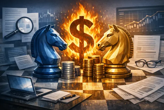 Abstract digital illustration representing the AI pricing war between OpenAI and Anthropic, with price tags and AI model icons in a competitive landscape.