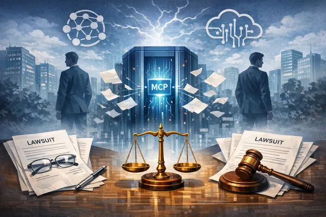Editorial illustration of competing AI gateways representing Runlayer and Rippling in a legal dispute