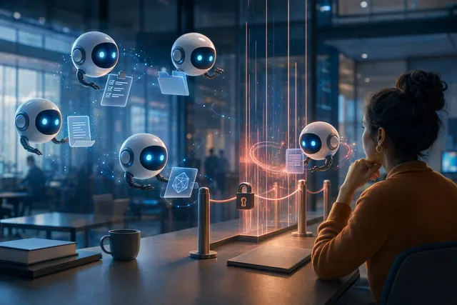 Editorial illustration accompanying an article about OpenAI Dots and workplace AI agents