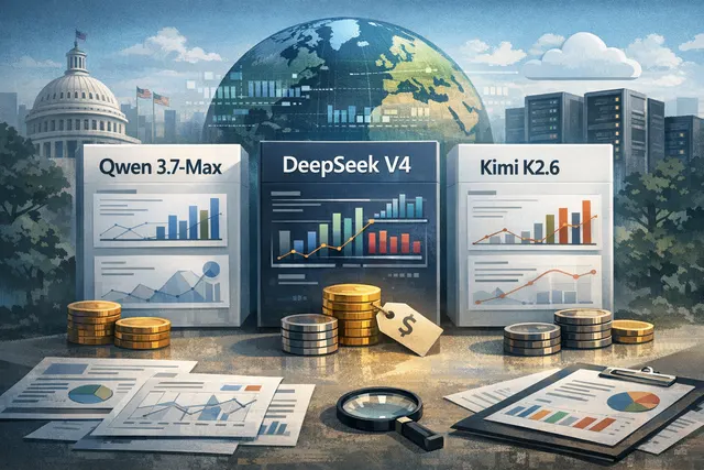 Comparison chart of Qwen3.7-Max, DeepSeek V4, and Kimi K2.6 AI model benchmarks and pricing data