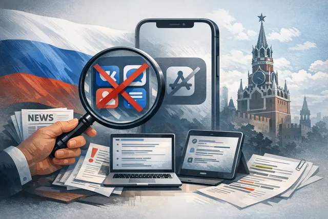Apple App Store icon with Russian flags and VK logo in the background, representing the removal of VK apps from the App Store