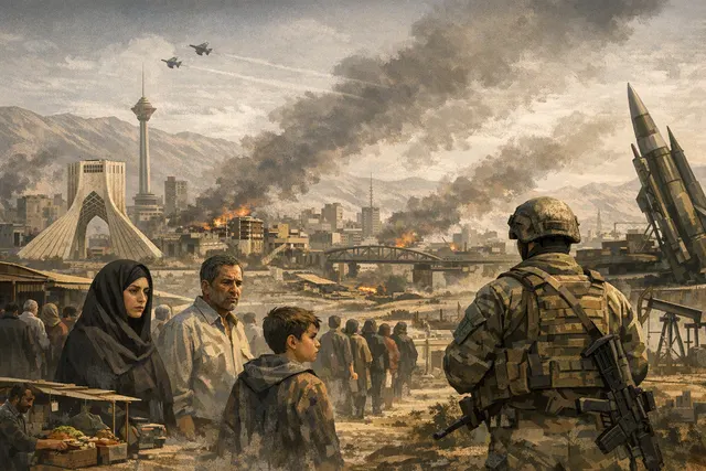 AI-generated editorial illustration of Iran under military and economic pressure, with a Tehran skyline, currency imagery and signs of rising food costs