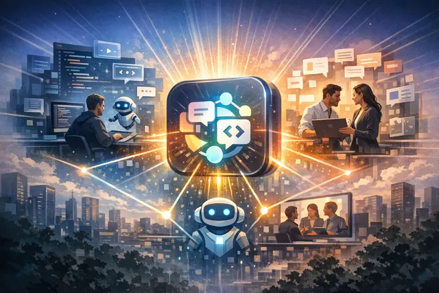 A conceptual illustration of Microsoft's unified Copilot super app interface, merging code, chat, and automation tools into one platform.