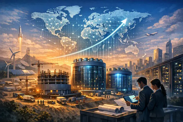 Illustration of a large AI data centre connected to power infrastructure and global networks