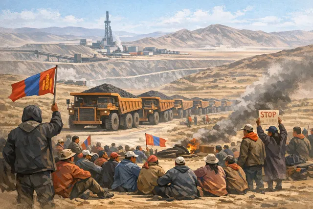 Protesters from the Radical Reform Movement block a desert haul road near Rio Tinto's Oyu Tolgoi copper mine in Mongolia