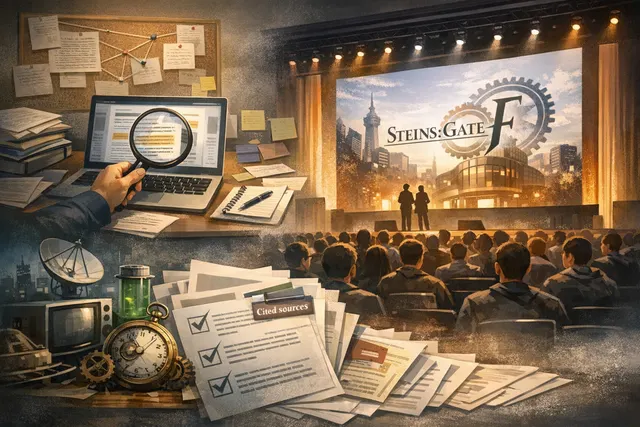 Steins;Gate Re:Boot key art featuring Okabe Rintaro in front of the Future Gadget Lab with the new Gamma Worldline visual novel interface.