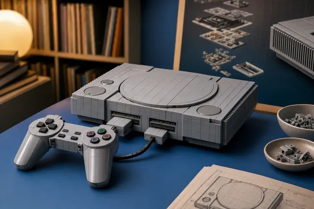 LEGO brick recreation of the original gray PlayStation console with controller