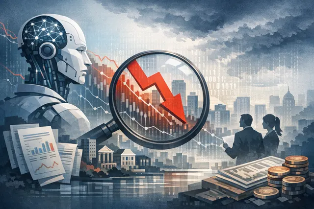 Abstract visualization of a financial market downturn with AI circuit board patterns and downward-trending charts