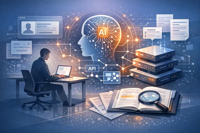 AI-generated conceptual image representing artificial intelligence integration with a customer relationship management system, featuring data flows and digital interfaces.